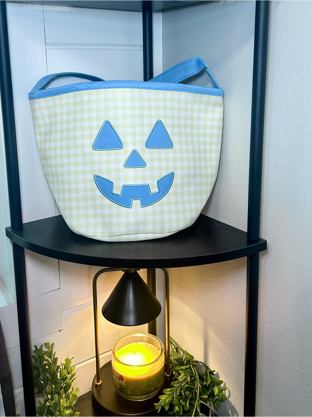 Blue & Cream Gingham Pumpkin Tote Bag
